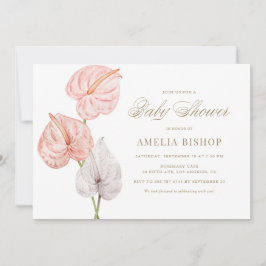 Boho Rosa Watercolor Anthuriums Guld Baby Shower Inbjudningar