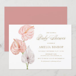 Boho Rosa Watercolor Anthuriums Guld Baby Shower Inbjudningar