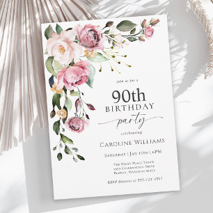Boho Rosa Watercolor Blommig 90-årsfest Inbjudningar