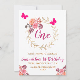 Boho Rosa Watercolor Blommigt First Birthday Inbjudningar