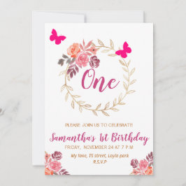 Boho Rosa Watercolor Blommigt First Birthday Inbjudningar