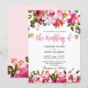 Boho Rosa Watercolor Blommigt Typography Bröllop Inbjudningar