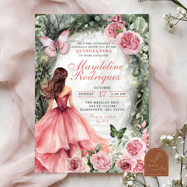 Boho Rosa Whimsical Forest Quinceanera Inbjudningar (Skapare uppladdad)