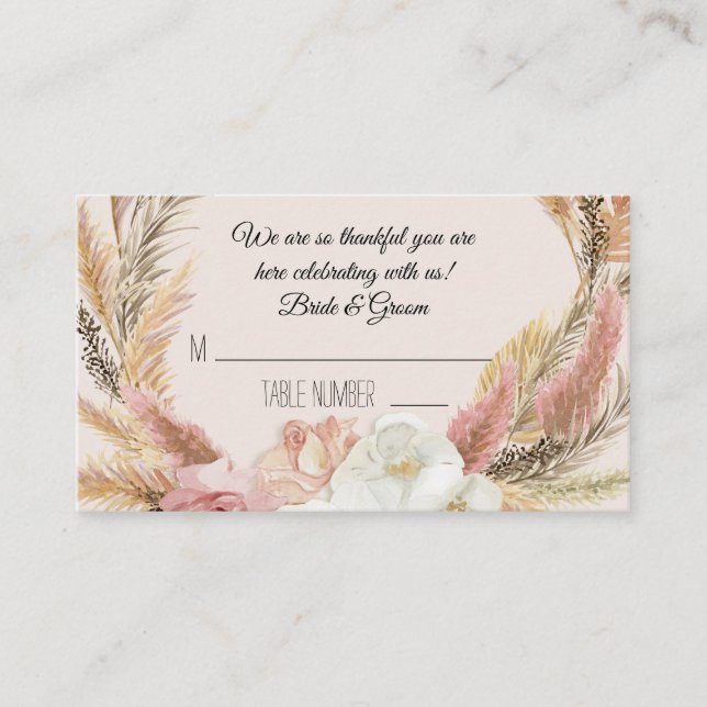 Boho Rosa White Blommigt Pampas Grass Place Cards Placeringskort (Framsida)