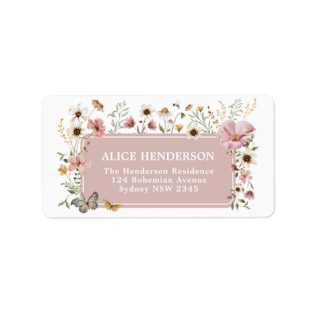 Boho Rosa WildblommGarden Party Returadress Adressetikett (Framsidan)