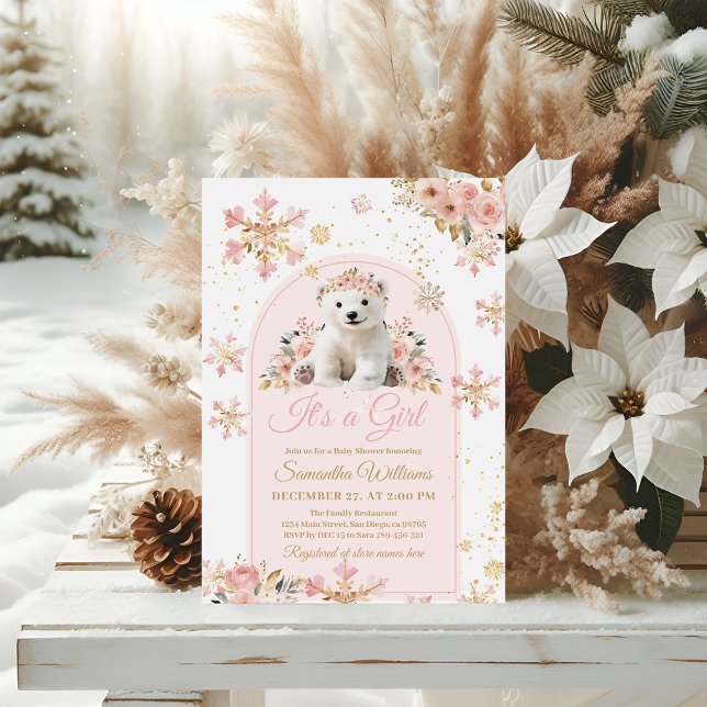 Boho Rosa Winter Bear its a Girl Baby Shower Inbjudningar (Skapare uppladdad)