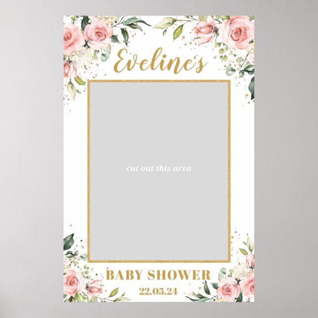 Boho rosablommig guld baby shower fotorekvisita poster (Framsidan)