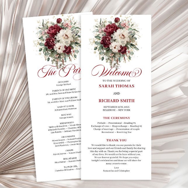 Boho rosabränd burgunder guld bröllopsprogram lång program (Boho Blush Burgundy Gold Wedding Program Card)