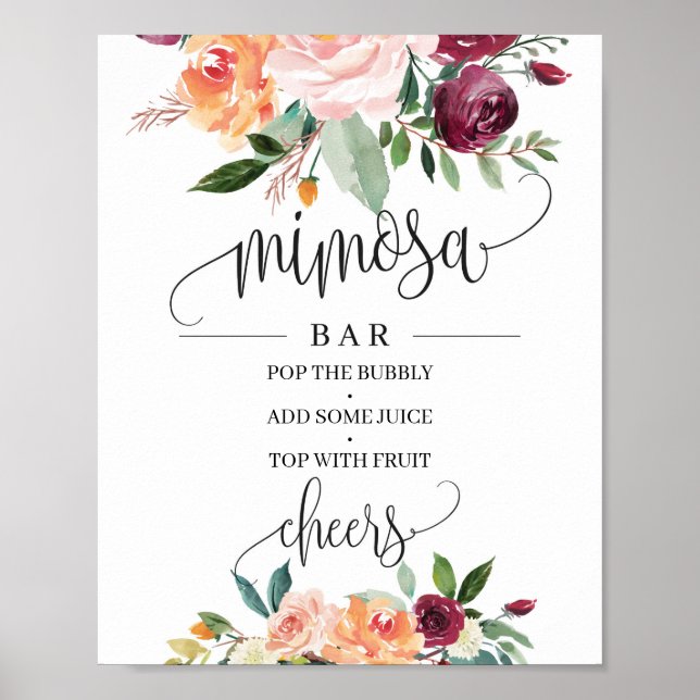 Boho rosabränd burgunder orange blommig mimosa bar poster (Framsidan)