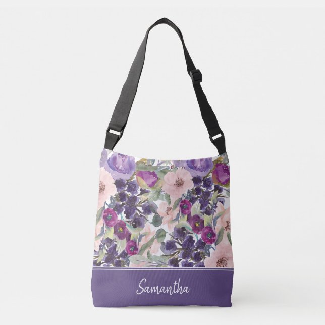 Boho rosabränd lila akvarellblommig monogram axelväska (Framsida)
