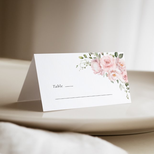 Boho rosabrölloppsplatshållare i rosa placeringskort (Blush pink rose floral tent wedding place card with soft watercolor flowers and minimalist layout)