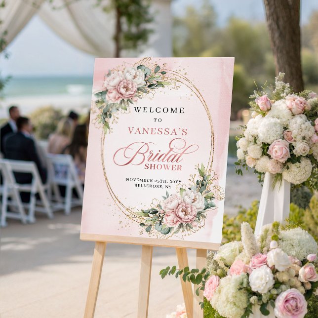 Boho rosabruna blommor grönska guld bröllopsvälkom poster (Boho Blush Pink Flowers Greenery Gold Bridal Welcome)