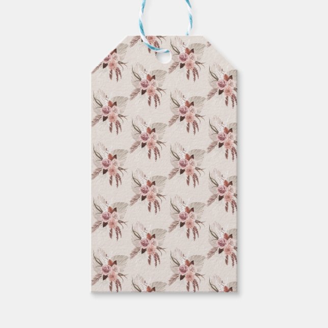 Boho rosabruna fjädergräs torkade blommor presentetikett (Framsidan)