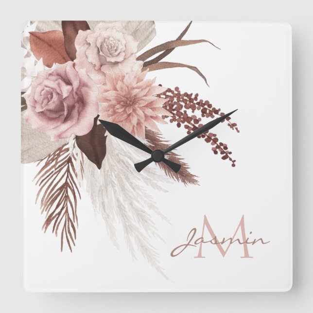 Boho rosabruna Pampasgräs blomster Monogram Fyrkantig Klocka (Framsida)