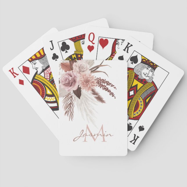 Boho rosabruna Pampasgräsmonogram Casinokort (Baksidan)