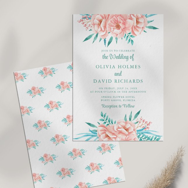 Boho rosafärgad och turkos blommig bröllopsinbjuda inbjudningar (Boho Peach and Turquoise Floral Wedding Invitation on white table.)