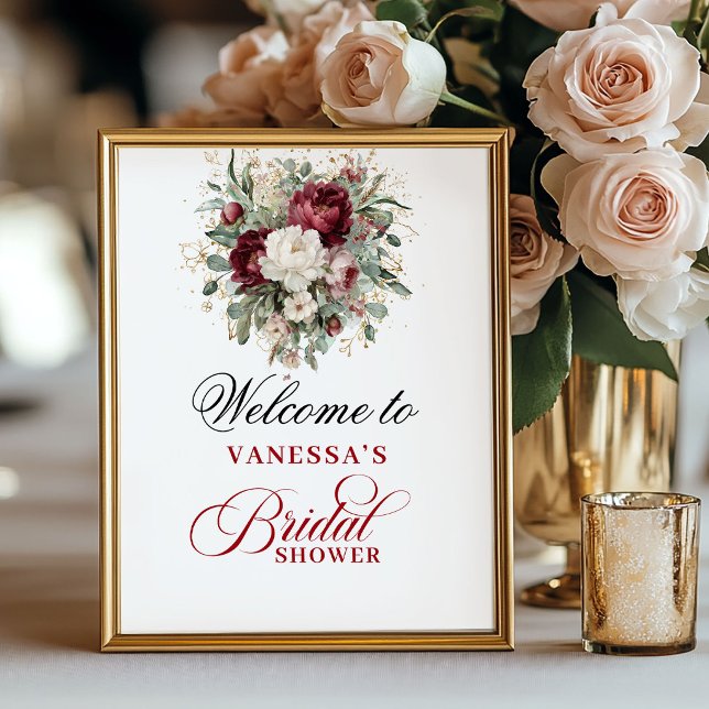Boho rosé burgunder bröllopsfest välkomstskylt poster (Boho Blush Burgundy Bridal Shower Welcome Sign)