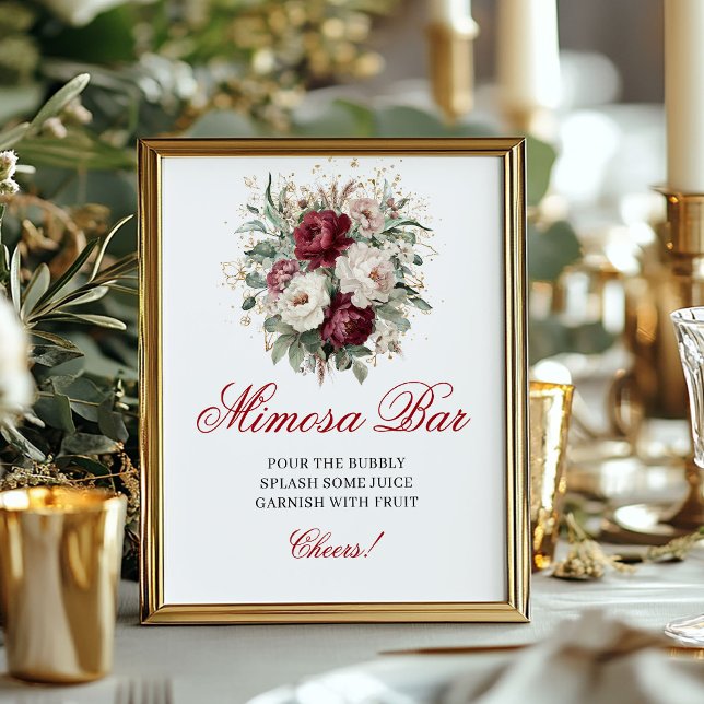 Boho rosé burgunder Mimosa Bar Blommig Bordsskiva  Poster (Boho Blush Burgundy Mimosa Bar Floral Tabletop Sign)