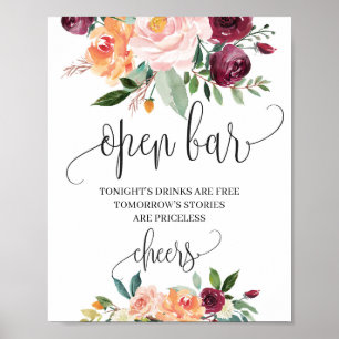 Boho rosé burgunder orange blommig öppen barskylt poster