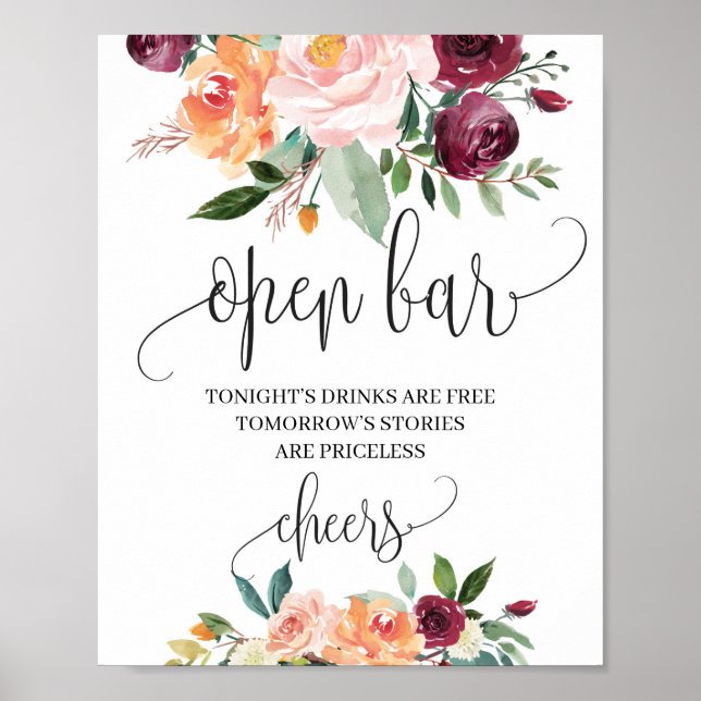 Boho rosé burgunder orange blommig öppen barskylt poster (Framsidan)