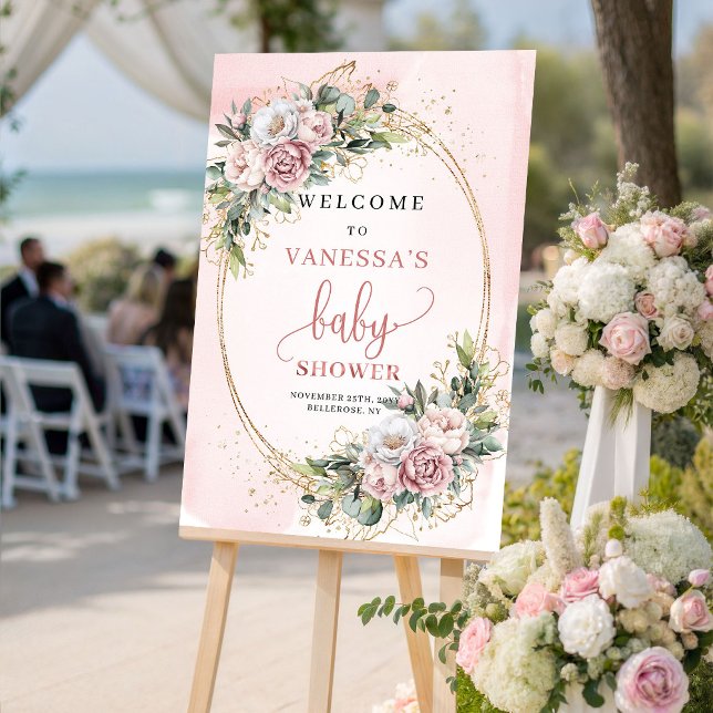Boho Rose Gold Blommig Baby Shower Välkomstskylt Poster (Boho Rose Gold Floral Baby Shower Welcome Sign)