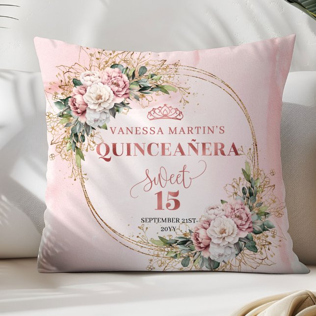 Boho Rose Gold Blommig Grönska Mis Quince Födelsed Kudde (Rose Gold Floral Greenery Mis Quince Birthday Pillow)