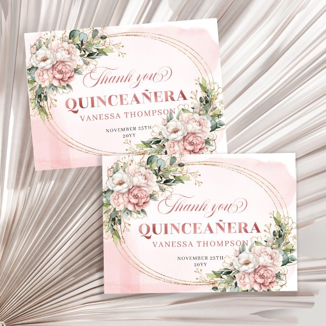 Boho Rose Gold Blush Floral Greenery Mis Quince  Tack Kort (Boho Rose Gold Blush Floral Greenery Mis Quince Thank You)
