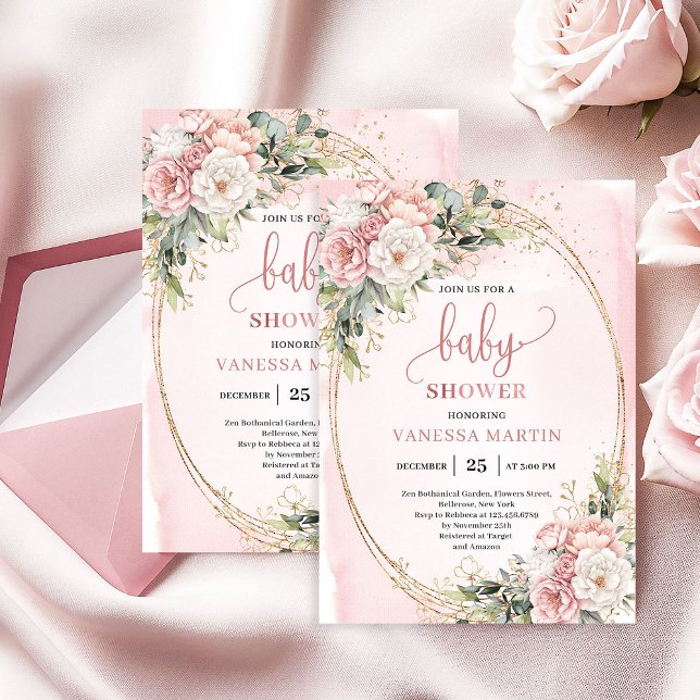 Boho Rose Gold Floral Eucalyptus Girl Baby Shower  Inbjudningar (Elegant Blush Pink Floral Eucalyptus Girl Baby Shower)
