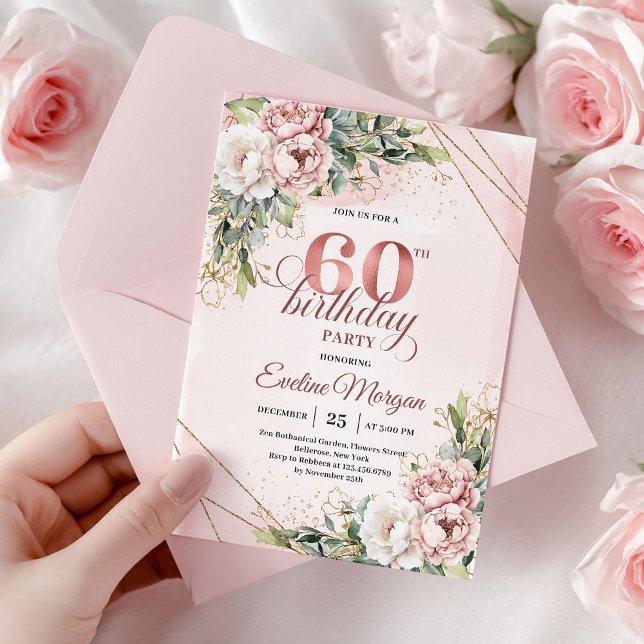 Boho Rose Gold Shimmering Blush Pink 60th Birthday Inbjudningar (Rose Gold Shimmering Blush Pink 60th Birthday Invite)