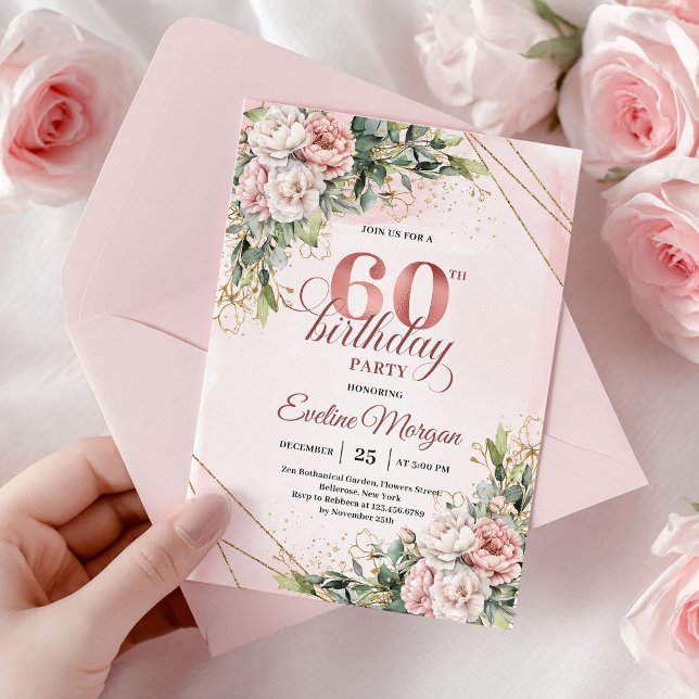 Boho Rose Gold Watercolor Blommig 60-årsdag  Inbjudningar (Boho Rose Gold Watercolor Floral 60th Birthday Invite)