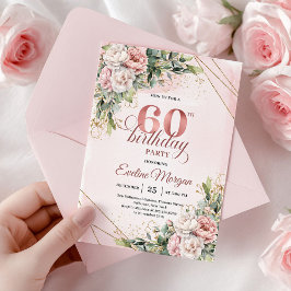 Boho Rose Gold Watercolor Floral 60th Birthday  Inbjudningar