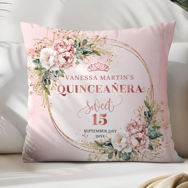 Boho Rose Guld Blommor Grönska Perfekt Gåva 15-års Kudde (Rose Gold Flowers Greenery Perfect Gift 15th Pillow)
