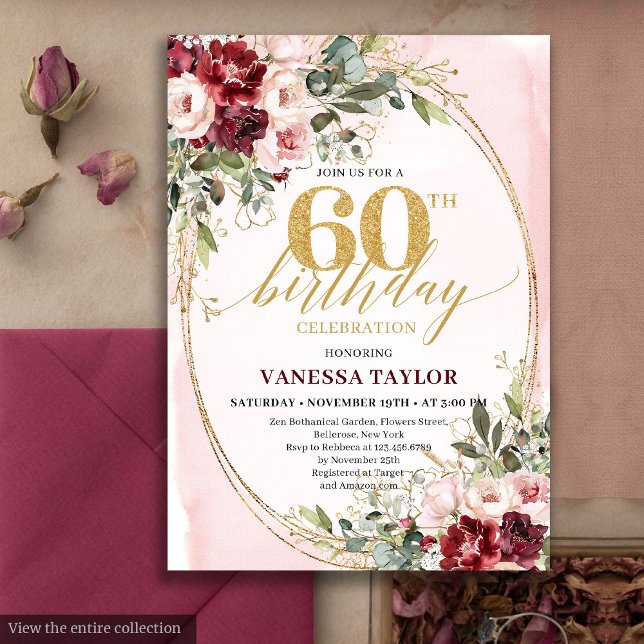 Boho Rosé och Guld Burgundy 60-årsfödelsedags kort (Boho Blush and Gold Burgundy 60th Birthday Card)