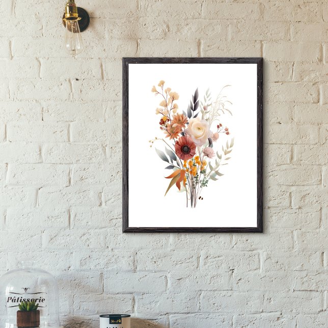 Boho Rose Peach Gul Blå Beige Blommig Botanisk Poster (Rose White Beige Peach Yellow and Blue Floral  Botanical Wall Art poster. Digital or Printed Framed)