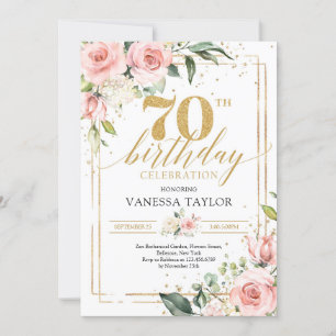 Boho roséguld blommor eukalyptus & guld 70-årsdag inbjudningar