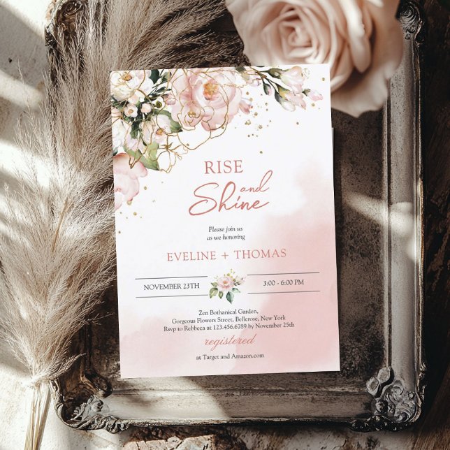 Boho rosenskära blommig guld stig upp och lys bröl inbjudningar (Boho blush pink floral gold rise and shine wedding invitation)