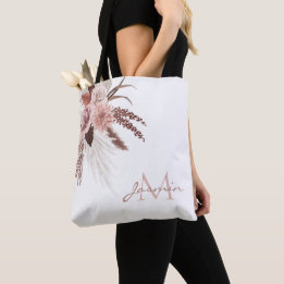 Boho Rosenskära Pampasgräs Blommig Monogram Tygkasse