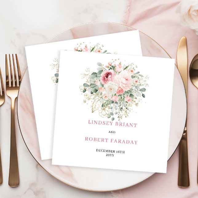 Boho Rosenskära Rosor Eukalyptus Guld Bröllopsserv Pappersservett (Boho Blush Roses Eucalyptus Gold Wedding Napkins)