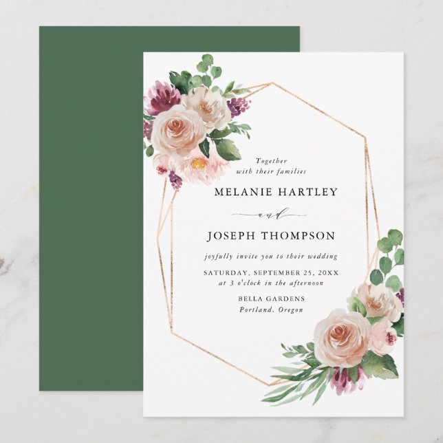 Boho Rosenskärhet & Lila Vår Blommig Bröllop Inbjudningar (Fram/baksida)