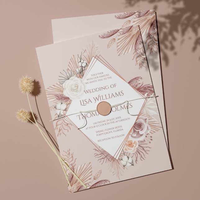 Boho Rosenskimmer Fjädergräs och Torkade Blommor Inbjudningar (Skapare uppladdad)