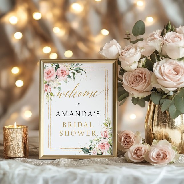 Boho rosenskymt blommig bröllopsdusch välkomstskyl poster (Boho blush pink floral bridal shower welcome sign)