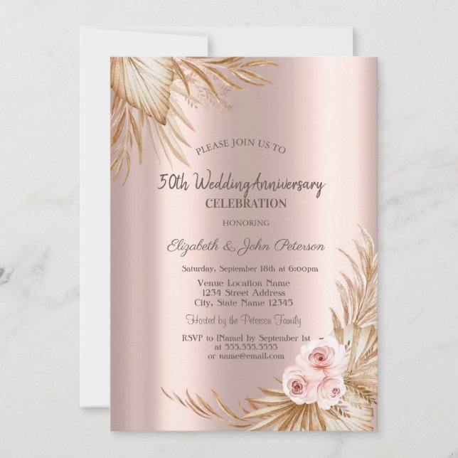 Boho Roses Pampas Rose Gold Wedding Anniversary Inbjudningar (Framsida)