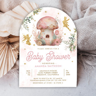 Boho rosig rosa blommig gyllene änglavälkomst Baby Inbjudningar