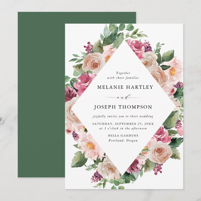 Boho Rosig & Rosa Vårblomma Bröllop Inbjudningar (Fram/baksida)