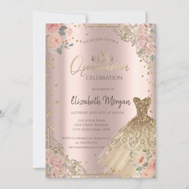Boho Rosor Diamanter Klänning Rose Guld Inbjudningar (Framsida)