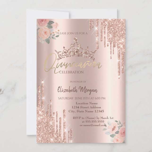 Boho Rosor Glitterkrone Dropp Quinceañera  Inbjudningar (Framsida)