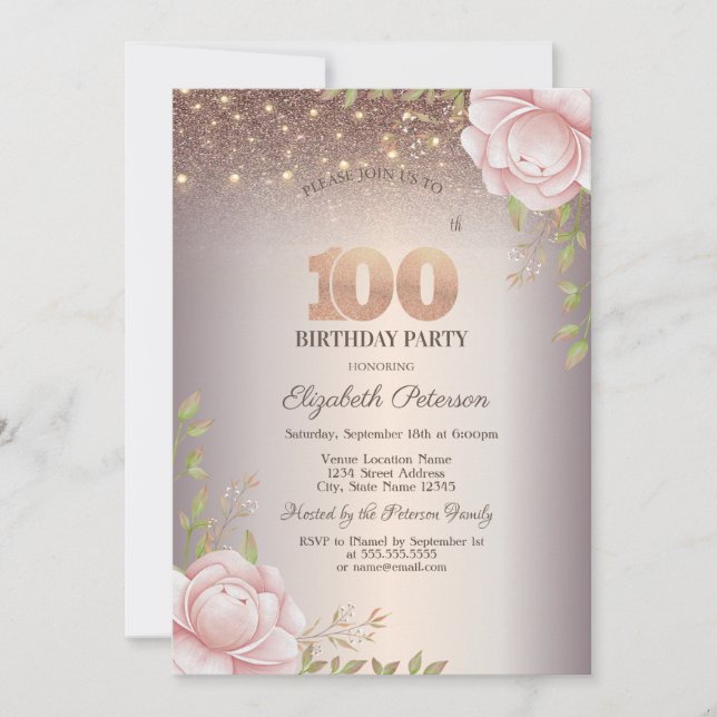 Boho Rosor,Strängljus Glitter 100-årsdag Inbjudningar (Framsida)