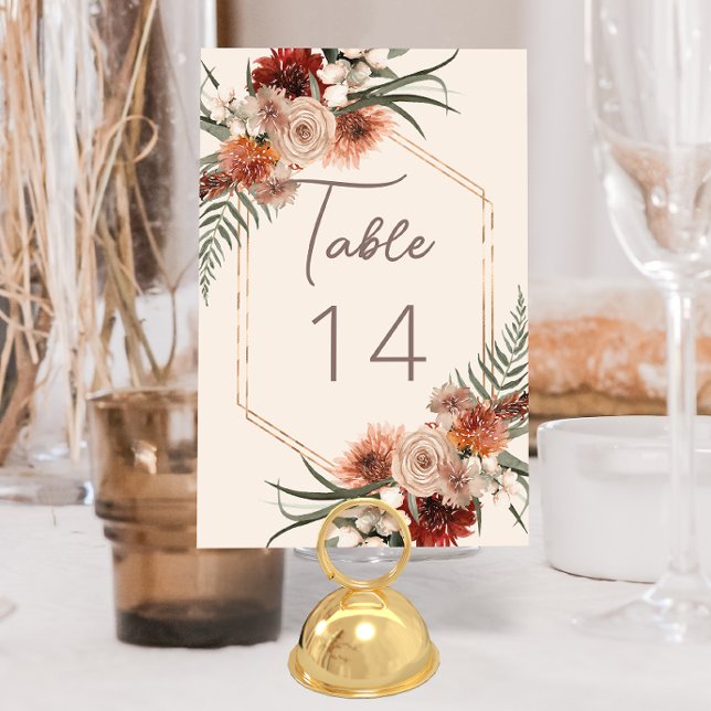 Boho Rost & Neutral Kräm Höst Blommig Bröllop Bordsnummer (Skapare uppladdad)