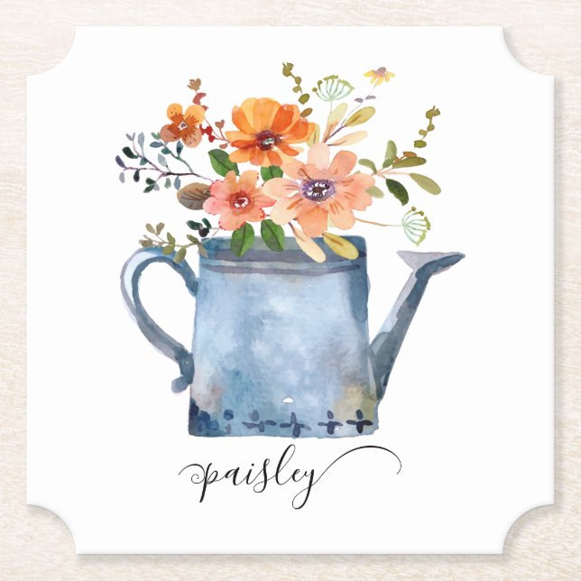 Boho Rost Orange Akvarell Blommor Vattningskanna Underlägg Papper (Framsida)