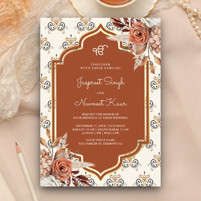 Boho Rost Orange Punjabi Anand Karaj Sikh Bröllop Inbjudningar (Skapare uppladdad)